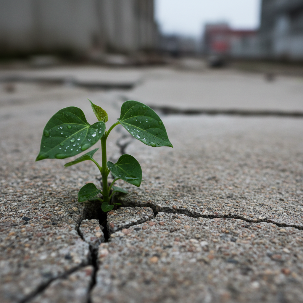 A small, resilient green plant emerging from a broken concrete surface, its leaves vivid and detailed, with tiny droplets of water clinging to their edges. The cracked concrete shows rough textures and jagged lines, suggesting past damage, while the plant's stem stands upright and strong. Soft overcast daylight provides diffused, even illumination, reducing harsh shadows and emphasizing subtle textures. Captured from a low-angle perspective in photographic realism, the plant is framed using the rule of thirds, with the background fading into a gentle bokeh of muted grays. The mood is hopeful and quietly powerful, symbolizing healing, growth, and recovery after emotional devastation.
