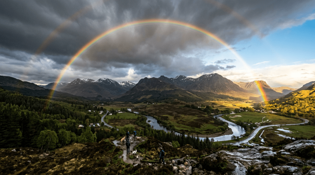 Double rainbow arches over a valley with river, mountains, and hikers with dogs on a path